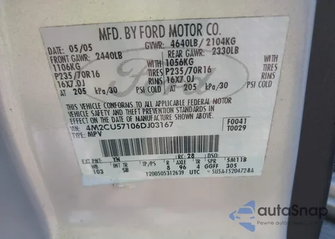 2006 Mercury Mariner Luxury/Premier z USA, uszkodzony, nr VIN 4M2CU57106DJ03167